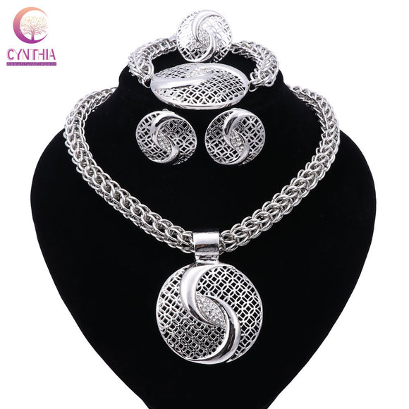 Exquisite Jewelry Set Luxury Silver Plated Necklace Earrings Ring Bracelet - Outletorama