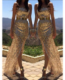 Long Gold Sequins Party Dress Sleeveless - Outletorama