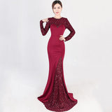 Elegant Luxury Wine Red Long Sleeve Sequin Dress - Outletorama