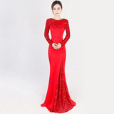 Elegant Luxury Wine Red Long Sleeve Sequin Dress - Outletorama