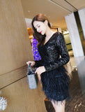Luxury Black Sequined Patchwork Feathers Short Sleeve Casual Pencil Dress - Outletorama