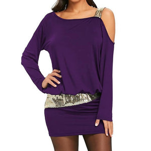 Mini Dress Sexy One Shoulder Sequined Short Dress Long Sleeve - Outletorama